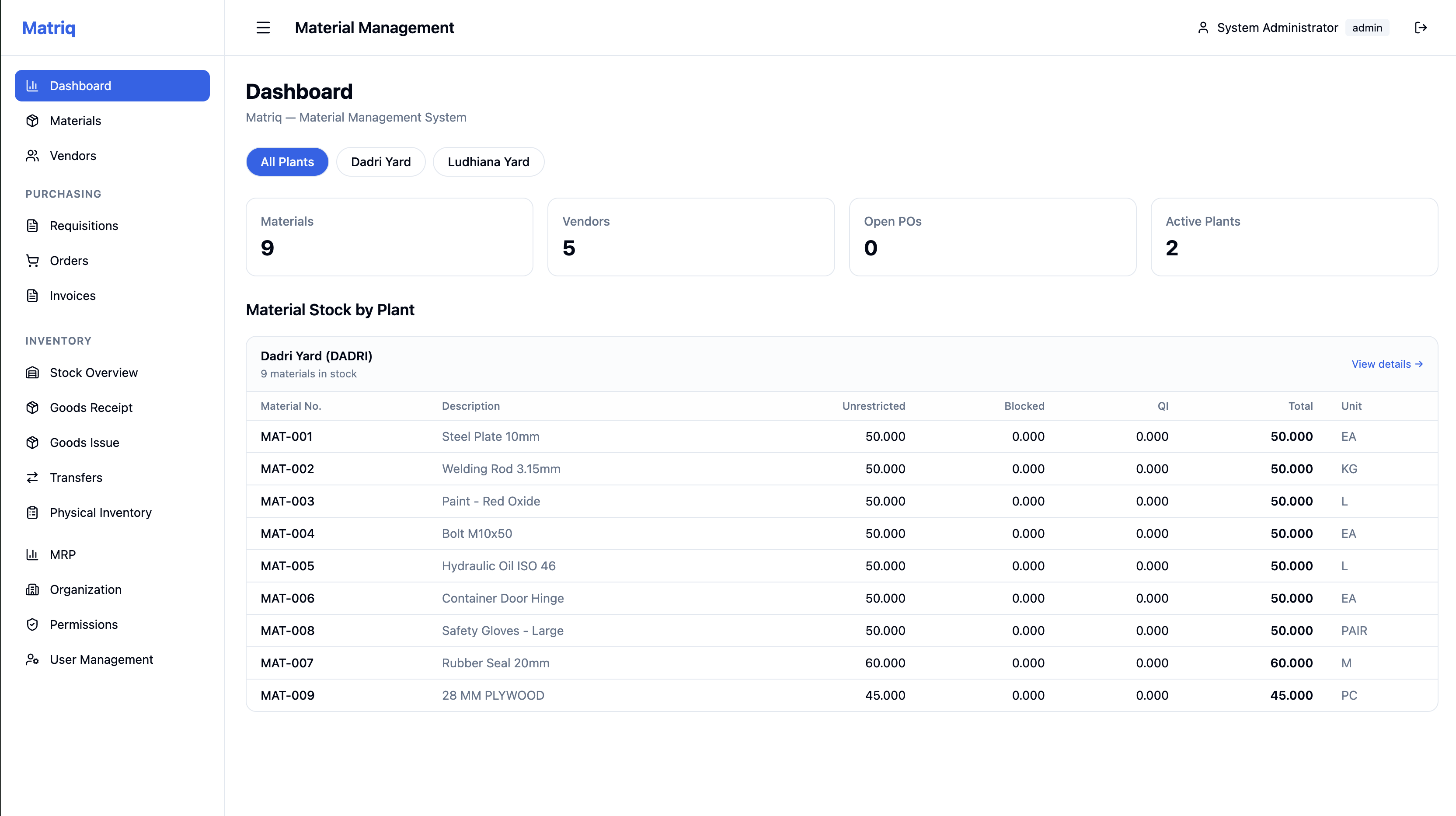 Matriq platform dashboard